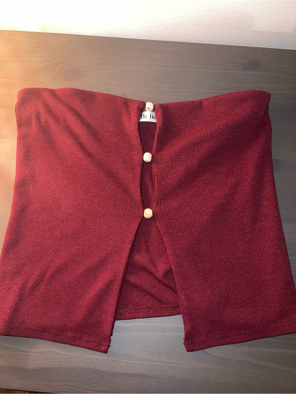 Strapless Ribbed Button-Front Crop Top in Burgundy
